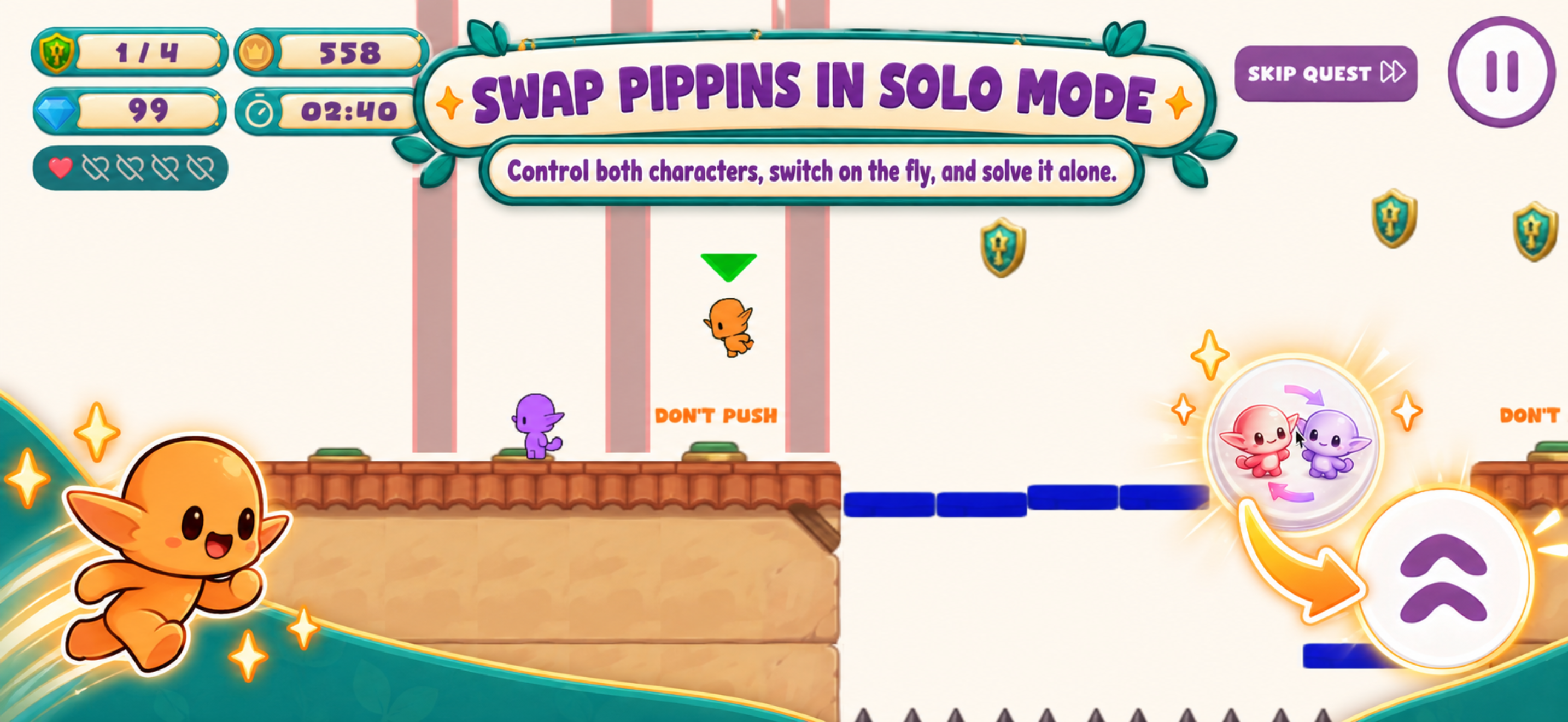 Pippin Plaza App Store screenshot showing switching between two characters in solo mode